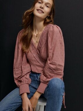 Anthropologie Dusty Rose Wrap Blouse with Lace Trim
